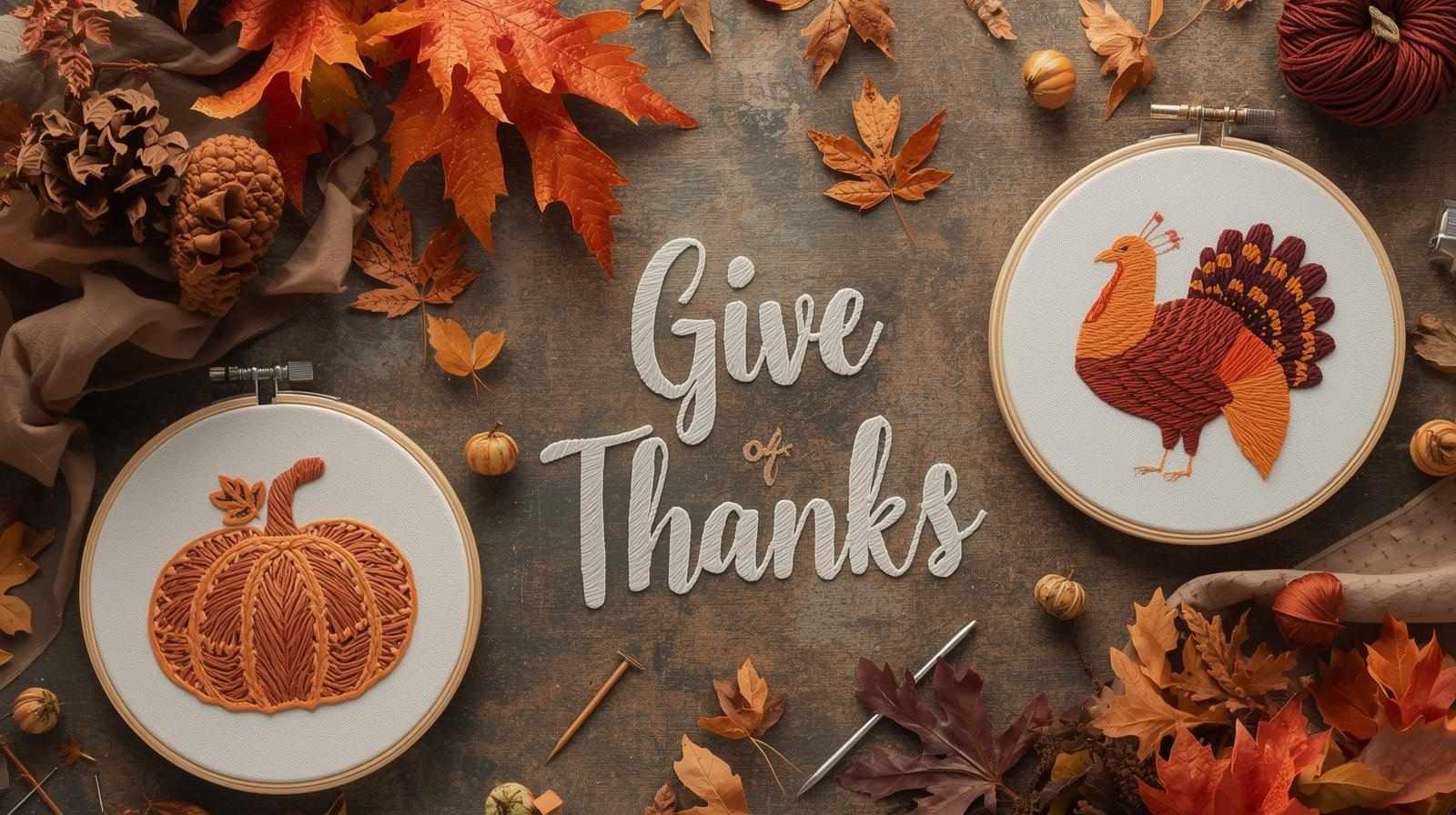 Thanksgiving-themed embroidery designs featuring pumpkins, autumn leaves, turkeys, and “Give Thanks” text stitched on fabric hoops with colorful threads and needles.